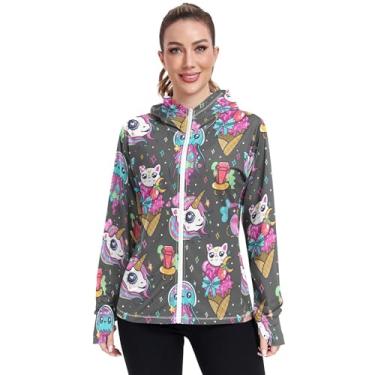 Imagem de JUNZAN Moletom feminino com capuz arco-íris unicórnios e gatos sorvete com zíper FPS 50+ com bolsos, camisetas refrescantes P, Unicórnio arco-íris e sorvete de gato, XXG