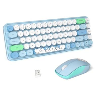 Imagem de FOPETT Teclado e mouse sem fio, lindo mouse e teclado 2,4 G, teclados sem fio com 68 teclas coloridas, capa redonda retrô para PC, laptop, tablet, computador Windows - azul colorido