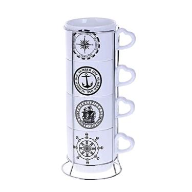 Imagem de Xícaras de café empilháveis com suporte - Conjunto de 4 canecas de 290 ml (design de marinheiro)
