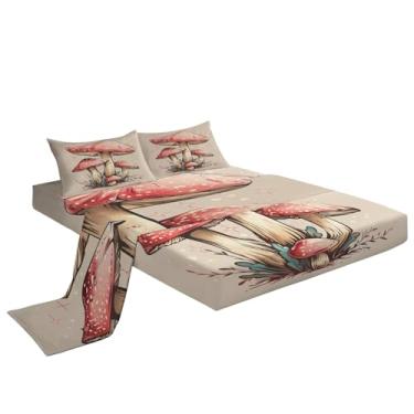 Imagem de Eojctoy Jogo de lençol ultramacio com tema de cogumelo, 4 peças, fácil de cuidar com lençol casal de 40,6 cm, confortável e respirável para casa