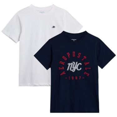 Imagem de AEROPOSTALE Camisetas para meninos - Pacote com 2 camisetas de manga curta - Camiseta clássica com gola redonda estampada para meninos (4-16), Branco/Azul marinho, 4