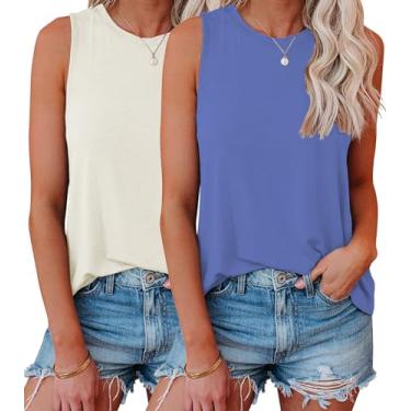 Imagem de Vemodoo Regatas femininas de verão, sem mangas, casual, gola redonda, camisetas básicas de ajuste solto, Bege e azul roxo, P