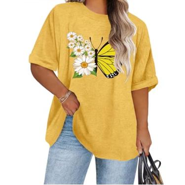 Imagem de IN'VOLAND Camiseta feminina plus size verão gola redonda túnica casual manga curta camiseta solta, Margarida - amarelo, 24 Plus