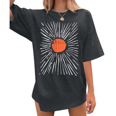 Imagem de Camiseta feminina grande com estampa de sol vintage estampa de sol, camisetas de caminhada, boho, verão, manga curta, Cinza escuro, M
