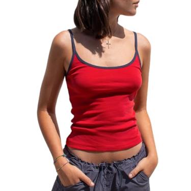 Imagem de Lairauiy Camiseta feminina regata feminina de verão fofa, acabamento contrastante, alças finas, gola redonda, Vermelho, G