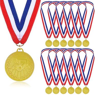 Imagem de Medalhas de boliche para crianças, pacote com 12 medalhas de metal dourado com fita de nylon tricolor, lembrancinhas de festa de jogo de boliche para meninos e adultos