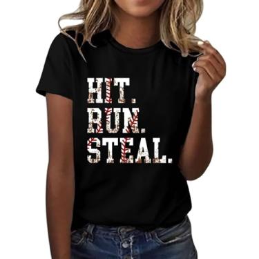 Imagem de Camiseta feminina com estampa de beisebol, gola redonda, manga curta, casual, moderna, túnica de verão, Preto, XXG