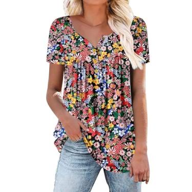 Imagem de Camisetas femininas florais com gola V com botões e manga curta camisetas femininas soltas túnica tops de verão 2024, Roxa, 3G