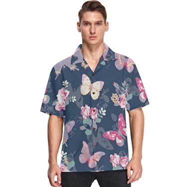 Imagem de visesunny Camisa masculina casual de botão manga curta havaiana vintage borboleta e estampa rosa Aloha, Multicolorido, G