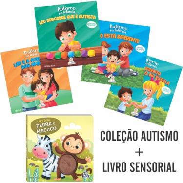 Imagem de Kit sensorial com 5 livros, sendo: Coleção de 4 livros - Autismo na infância + 1 livro de texturas: Ler e tocar - Zebra e Macaco