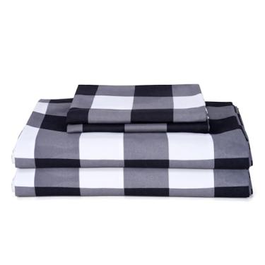 Imagem de Jogo de lençol de cama de 3 peças – Conjunto de lençóis de microfibra macia e durável, bolso profundo, resistente a manchas, desbotamento e rugas (xadrez preto, cinza e branco)