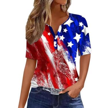 Imagem de Camisetas femininas com bandeira americana 4th of July Star Stripe Tops Patriotic Button Graphic Vintage Fashion Tunics Blusas, Azul escuro, G