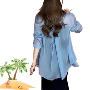 Imagem de Camisa de chiffon com protetor solar de verão, camisa de proteção solar, material de seda, blusa feminina de chiffon com proteção solar de manga comprida, Azul, S (40-47.5kg)
