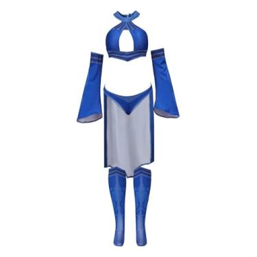 Imagem de ADuchessCos Mortal Kombat Kitana Cosplay Costume Adult Women Kitana Sexy Blue Battle Suit Halter Top Shorts Halloween, Medium, WPS2302754-M
