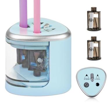 Imagem de AUAUY Apontador de lápis elétrico com orifício duplo, afiador automático operado por bateria com 2 suportes extras de faca, para lápis padrão de 6-8 mm/9-12 mm, lápis de cor e lápis de maquiagem