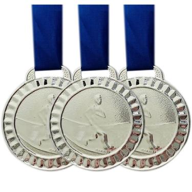 Imagem de Kit 100 Medalhas De Corrida 4.5cm Metal Redondas + Fita Azl prata