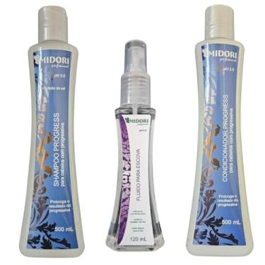 Imagem de Kit de Cabelo Midori: Shampoo, Condicionador Progressiva e Fluido para Escova - Mantém o alisamento e prolonga os efeitos da progressiva