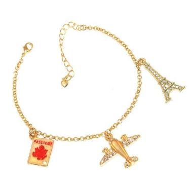 Imagem de Pulseira Turismo Aeromoça Viagem Passaporte Folheado 18k - Milena Folh