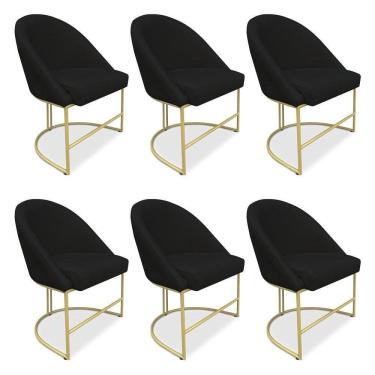 Imagem de Kit 06 Cadeiras Poltrona De Jantar Bela Suede Base Metálica Industrial Dourado - Pallazio Preto