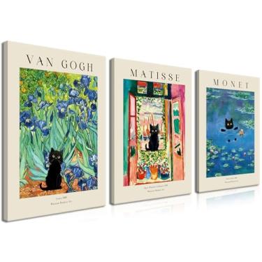 Imagem de Monet Wall Art Conjunto de 3 - Van Gogh Black Cat Flower Field Canvas Paintings Prints, Matisse Abstrato Gato Preto Estética Imagens para Quarto Quarto Sala de Estar Banheiro 40 x 61 cm Emoldurado