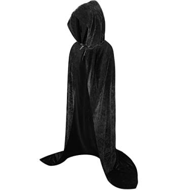 Imagem de Kids Adults Long Hooded Cloak Velvet Cape Witch Costume Halloween Costumes Cosplay Robe for Kids Youth Women Men (Black, 51.2 Inch)