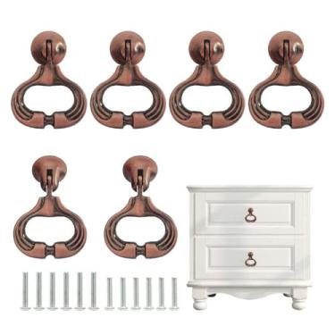 Imagem de Sutfmwe Puxadores de armário de anel suspenso, 6 peças de puxadores de gaveta antigos para gavetas de cômoda armários decorativos vintage ferragens de móveis puxador de orifício único (bronze vermelho
