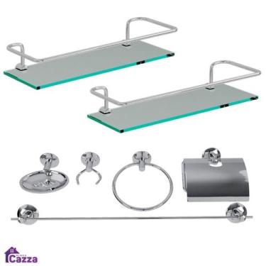 Imagem de Kit Banheiro Acessórios Aço Inox 5 Peças + 2 Porta Shampoo - Minha Caz