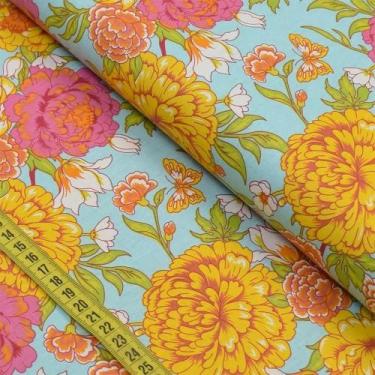Imagem de Tecido Estampado para Patchwork - Crisântemos : Floral Fundo Azul Clar