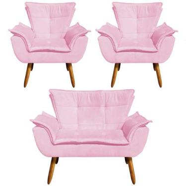 Imagem de Conjunto 2 Poltronas e 1 Namoradeira Pés Palito Charger Suede Rosa G19
