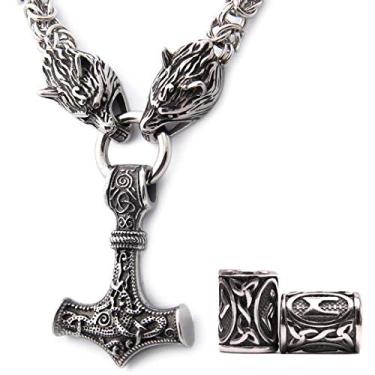 Imagem de GUNGNEER Thor's Martelo Pingente Viking Mjolnir Colar para Homens com Cabeça de Lobo, 316L Bônus de Aço Inoxidável 2 Contas de Rune