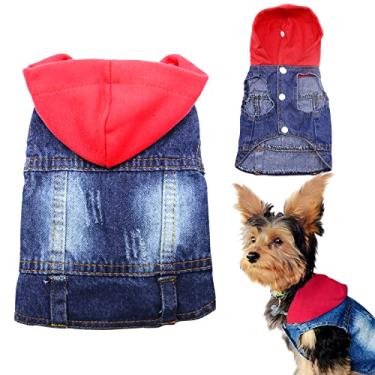 Imagem de Jaqueta jeans para cães SILD Pet Clothes Cachorro Casaco de brim azul legal Pequeno Médio Cães Lapela Colete Clássico Capuz Azul filhote Vintage Roupas lavadasSILD XXL vermelho