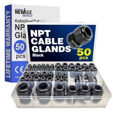 Imagem de New Age America® Kit de prensa-cabos NPT 50 peças KableLock™ | 1/10.2 cm a 1-1/10.2 cm | Preto | Alívio de tensão de cabo de nylon | Cabo de contraporca ajustável | IP68 impermeável | NPT 1/10.2 cm,