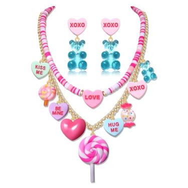 Imagem de Conjunto de joias de Dia dos Namorados Engraçado Rosa XOXO Coração Pirulito Gummy Bear Pingente em Camadas Conjunto de Brincos Pendentes Dia dos Namorados Presentes de Aniversário Data Festa Joias,