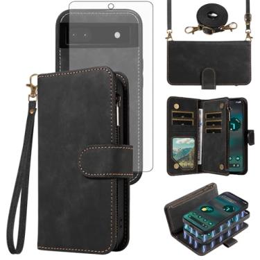 Imagem de Asuwish Capa de celular para Google Pixel 6A 5G 2022 com zíper carteira magnética destacável com protetor de tela de vidro temperado alça transversal alça flip porta-cartão slot Pixel6A A6 mulheres