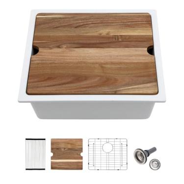 Imagem de Lofeyo Pia de cozinha subida branca 53,3 cm x 45,7 cm para estação de trabalho granito composto pia pequena pia de granito sob montagem de quartzo moderno sob a borda do balcão tigela única pia de