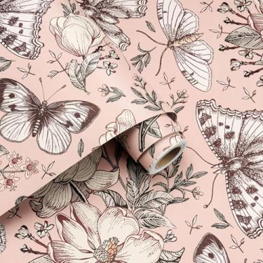 Imagem de Decotalk Papel de parede borboleta rosa descasque e cole papel de parede floral rosa papel de parede floral de borboleta para quarto de meninas 17,5 x 120 polegadas papel de parede vintage papel de