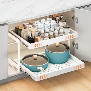 Imagem de Organizador de armário expansível de 2 camadas, organizador de gaveta deslizante resistente de 53 cm com nano filme adesivo para panelas, armazenamento de prateleira para cozinha e despensa, branco