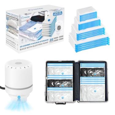 Imagem de Saker Sacos de armazenamento a vácuo com bomba elétrica, sacos espaciais, sacos de armazenamento a vácuo, pacote com 20 (4 jumbo, 4 grandes, 6 médios, 6 pequenos) para roupas, roupa de cama, viagens