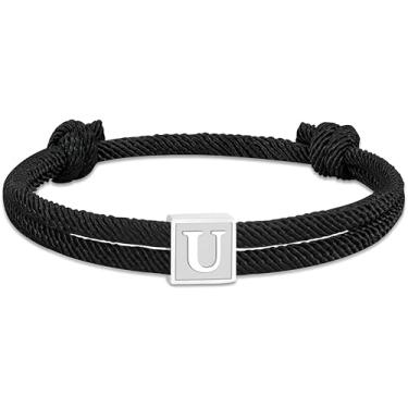 Imagem de OANM studio Pulseira com inicial de corda para homens, pulseira de aço inoxidável com pingente de letra A-Z, pulseira masculina trançada feita à mão ajustável de 17 a 33 cm, joias para ele, One Size,