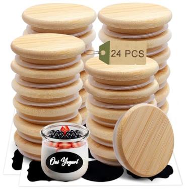 Imagem de Tampas de pote de iogurte Oui, conjunto de tampas de madeira à prova de vazamento Cymuber com anéis de vedação de silicone, tampas de conserva de bambu natural reutilizáveis com etiqueta de garrafa