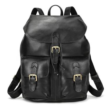 Imagem de Mochila de couro de vaca bolsa de ombro para homens casual mochila de viagem bagpack moda(Black)