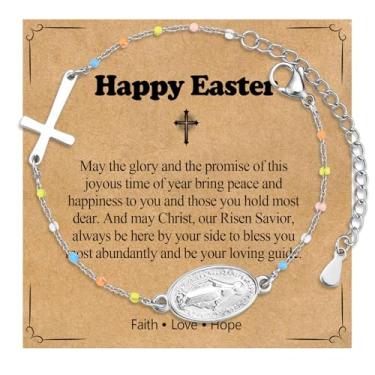 Imagem de WIKHIA Pulseira com contas cruzadas para meninas - Presentes de Páscoa, joias católicas, religiosas, cristãs, decorações de ovos de Páscoa para crianças, afilhada, Adjustable, Aço inoxidável, Sem