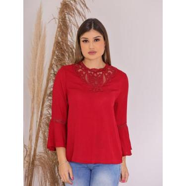 Imagem de Blusa Crepe Feminina Manga Longa 3/4 com Gola Rendada e Manga Sino Cas