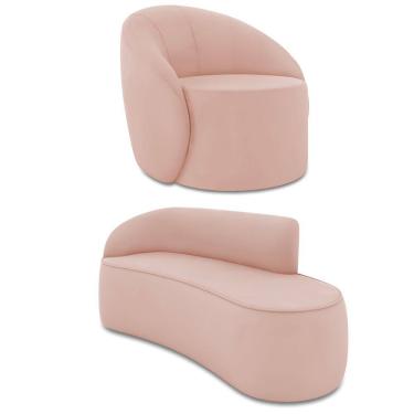 Imagem de Sofá 3 Lugares Orgânico 180cm Morgan e Poltrona Lua Veludo Rosê D03 - D`Rossi
