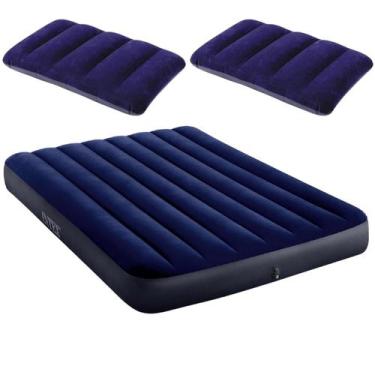 Imagem de Kit colchão inflável casal intex + 2 travesseiros camping, Azul