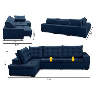 Imagem de Sofá de Canto Retrátil e Reclinável com Molas 3,40x2,00 le Jacke Suede Azul Madelina Decor