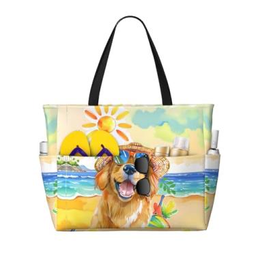 Imagem de Owlfder Bolsa de praia grande para mulheres, impermeável, dobrável, com bolso, para férias na piscina, Cachorro amarelo, One Size