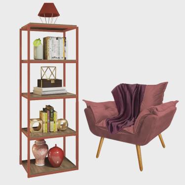 Imagem de Kit Poltrona Fatte com Manta Soft Bordô e Estante Livreiro Ferro Bronze mdf Rústico Sue...