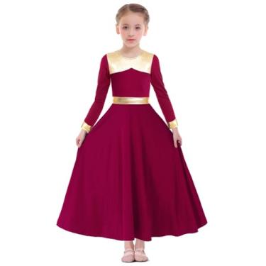 Imagem de Z&X Roupas de dança de louvor para meninas em ouro metálico, adoração litúrgica, roupão de igreja, traje de saia rodada de comprimento total, Vermelho vinho 06, 13-14 Anos