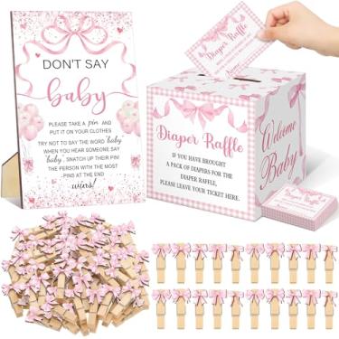 Imagem de Cinnvoice 102 peças suprimentos para jogos de chá de bebê, bilhete de sorteio de fraldas com caixa de cartão de sorteio de fraldas Don't Say Baby Sign Mini prendedor de roupa, decoração de jogo para